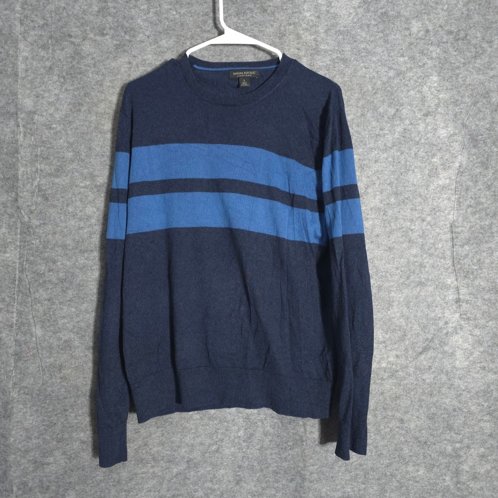 Banana Republic Sweater Mens L Blue Silk Cashmere Cotton Striped Crewneck Luxury